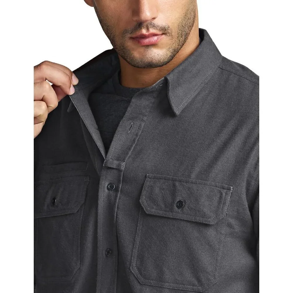 🆕Mens Solid Charcoal Cotton Flannel Shirt Long Sleeve Casual Outdoor Plaid